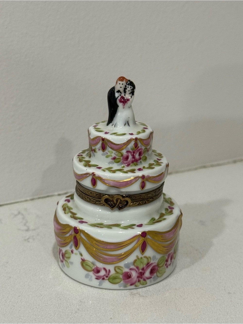 Couple on Wedding Cake Limoges Box- Gold Pink Ribbons